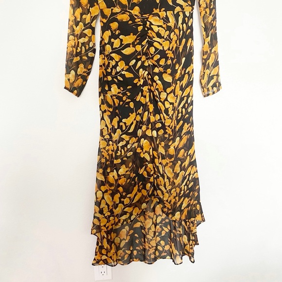Sau Lee Michella Leaf Print Midi Dress Plunge Black Marigold Spring Boho Size 2 - Picture 10 of 15
